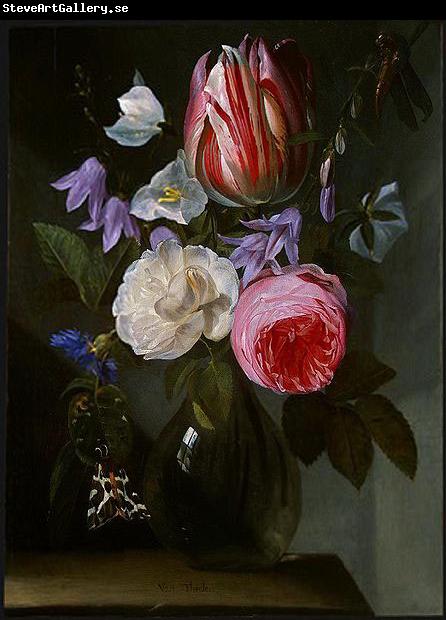 Jan Philip van Thielen Roses and a Tulip in a Glass Vase.